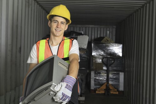 A young male worker in a yellow safety helmet and high-visibility vest handles an old desktop computer monitor, preparing it for disposal or recycling within a storage container. The container's interior is lined with corrugated metal walls, and in the background, there are large packages wrapped in black plastic, possibly containing waste or materials for disposal. The worker is wearing gloves and smiling slightly, demonstrating a professional approach to rubbish removal. The scene depicts a setting suited for waste management or clearance operations, with a focus on electronics and general rubbish collection, consistent with services offered by Commercial Waste Catford in the London area postal code, SE6, near Catford. The environment appears well-organized, with the computer held securely in both hands, hinting at proper handling procedures within a commercial waste storage or collection facility.